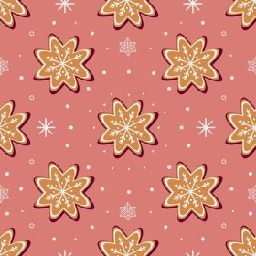 دانلود پترن وکتور بدون درز شیرینی زنجفیلی سنتی با اشکال مختلف برای جشن کریسمس در میان دانه های برف در پس زمینه بنفش