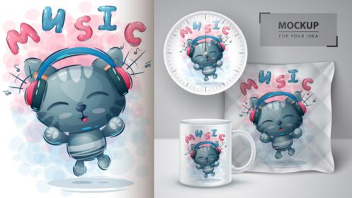 دانلود موزیک کارتونی گربه با هدفون پوستر و طرح ماکت تجاری روی بالش لیوان قهوه ساعت