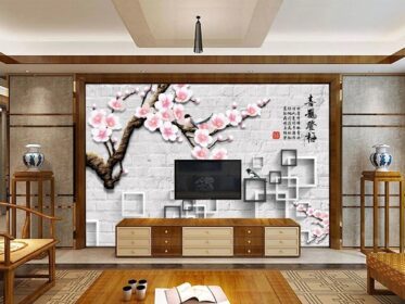 دانلود طرح کاغذ دیواری به سبک چینی سه بعدی معلق شکوفه آلو زاغی دنگمی دیوار پس زمینه تلویزیون