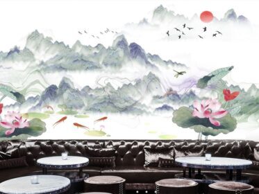 دانلود کاغذ دیواری طرح دار غنی چینی به سبک لیتوس برگ نیلوفر آبی دیوار پس زمینه تلویزیون چینی