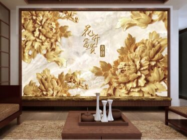 دانلود طرح کاغذ دیواری به سبک چینی دیوار پس زمینه تلویزیون گل صد تومانی مرمری سه بعدی