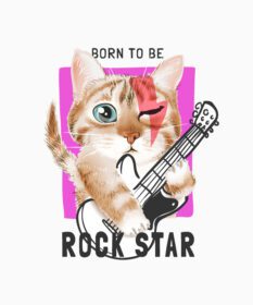دانلود شعار ستاره راک با تصویر گربه کارتونی زیبا در حال نواختن گیتار