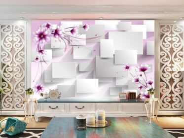 دانلود طرح کاغذ دیواری عاشقانه سه بعدی گل های استریو خطوط هندسی گل ها پس زمینه دیوار تلویزیون