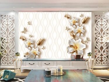 دانلود طرح کاغذ دیواری طلایی حکاکی شده سه بعدی مروارید پروانه ای دیوار پس زمینه به سبک بالا