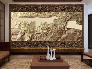 دانلود کاغذ دیواری طرح برجسته طلایی نقشه چینگ مینگ شانگه پس زمینه فرهنگ مشخصه چینی دیوار