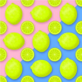 دانلود وکتور وکتور آهک و پترن بدون درز میوه آهک برش خورده جدا شده بر روی پس زمینه دو رنگ صورتی و آبی فایل پترن نمونه لیمویی برای ویرایش آسان