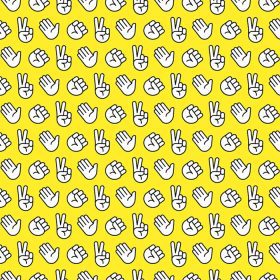 دانلود وکتور وکتور پترن بدون درز حرکات دست قیچی کاغذ سنگی در طرح خط سیاه و سفید جدا شده روی پس زمینه زرد