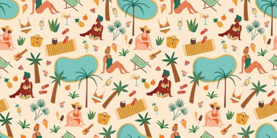 دانلود وکتور پترن بدون درز با زنان با لباس شنا در ساحل گرمسیری سفر تعطیلات تعطیلات تابستانی