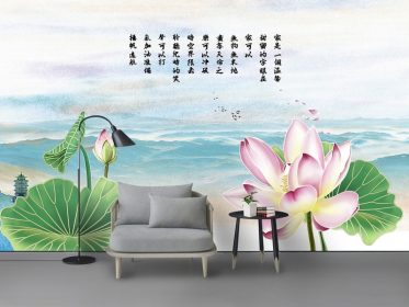 دانلود کاغذ دیواری طرح جدید به سبک چینی جوهر ساده منظره دیوار پس زمینه تلویزیون نیلوفر آبی