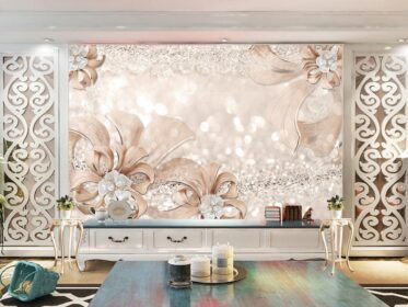 دانلود کاغذ دیواری طرح سه بعدی صورتی رویایی گلبرگ جواهرات دیوار