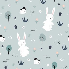 دانلود وکتور خرگوش سفید با پترن بدون درز درختان و گل های زیبا