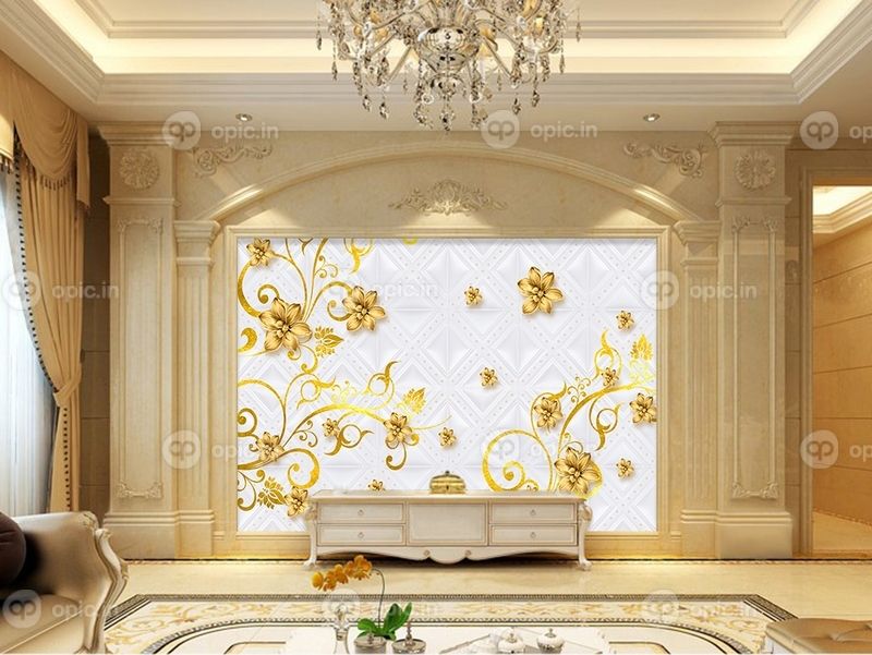 دانلود کاغذ دیواری طرح سه بعدی زیورآلات طلای لوکس دیوار گل