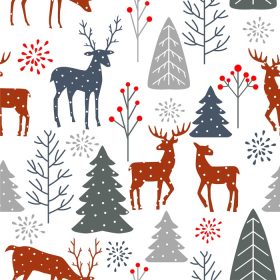 دانلود وکتور جنگل کریسمس زمستانی با پترن بدون درز گوزن در پس زمینه سفید