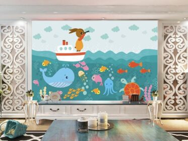 دانلود طرح کاغذ دیواری نوردیک خلاقانه نقاشی شده با دست نقاشی نهنگ اقیانوس تصویر پس زمینه اتاق کودک کاغذ دیواری