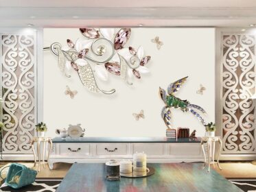دانلود کاغذ دیواری طرح سه بعدی جواهرات الماس پرنده و پروانه دیوار پس زمینه