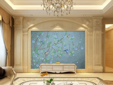 دانلود طرح کاغذ دیواری تقلیدی چینی استریو سه بعدی دیوار پس زمینه تلویزیون گل و پرنده