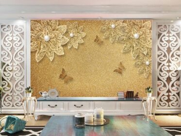 دانلود کاغذ دیواری طرح سه بعدی دیوار پس زمینه پروانه مروارید گل طلا شکسته لوکس