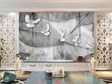 دانلود طرح کاغذ دیواری به سبک مدرن انتزاعی برگ کبوتر سفید پس زمینه اتاق نشیمن نقاشی تزئینی