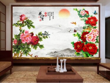دانلود کاغذ دیواری طرح جدید دیوار پس زمینه تلویزیون گل صد تومانی چینی