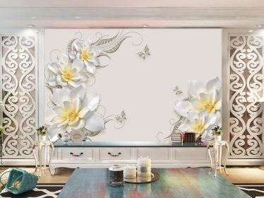 دانلود طرح کاغذ دیواری سه بعدی نیلوفر آبی زیورآلات چینی سفید لوتوس سفید دیوار برجسته پروانه