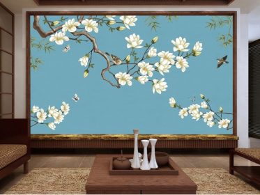 دانلود کاغذ دیواری طرح جدید نقاشی دیواری پس زمینه تلویزیون پرنده مگنولیا به سبک چینی