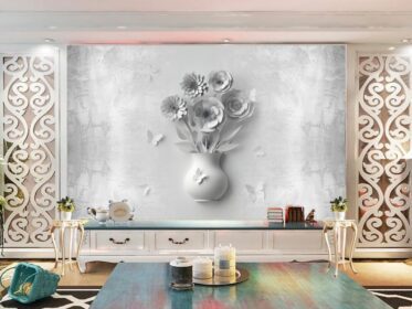 دانلود کاغذ دیواری طرح ساده مد مجسمه گلدان سفید دیوار پس زمینه تلویزیون مدرن