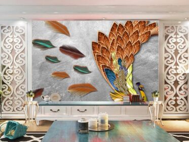 دانلود کاغذ دیواری طرح دار ساده پر طاووس تزئین شده دیوار پس زمینه تلویزیون