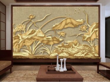 دانلود کاغذ دیواری طرح جدید نقاشی دیواری پس زمینه نیلوفر آبی سه بعدی چینی طلایی