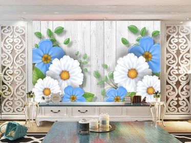 دانلود کاغذ دیواری طرح نوردیک مدرن سه بعدی استریو آبی سفید گلدار دیوار پس زمینه تلویزیون