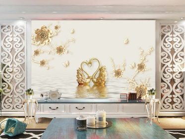 دانلود طرح کاغذ دیواری سه بعدی سه بعدی گل طلایی لوکس شاخه گل نگین دیوار پس زمینه قو