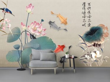 دانلود کاغذ دیواری طرح جدید چینی کلاسیک سفید نیلوفر آبی دیوار برجسته