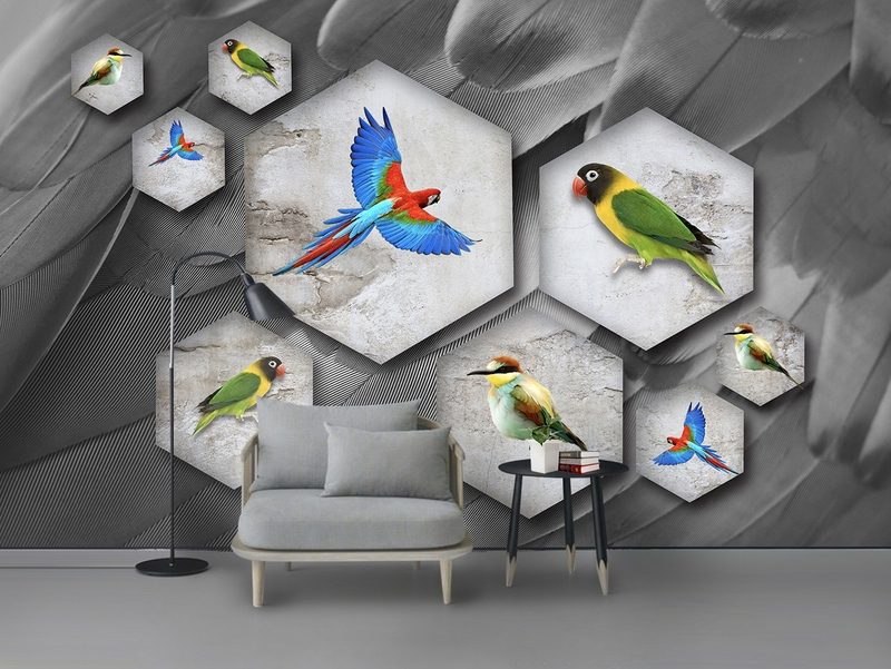دانلود کاغذ دیواری طرحی مدرن و خلاقانه پر طوطی هنر پس زمینه دیوار تلویزیون
