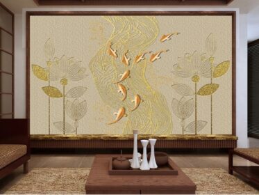 دانلود کاغذ دیواری طرح جدید به سبک چینی، نیلوفر آبی طلایی، خطوط طلایی برشته شده، تصویر انتزاعی نه ماهی اتاق نشیمن