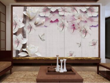 دانلود کاغذ دیواری طرح جدید چینی سه بعدی گلبرگ های گیلاس پروانه پس زمینه دیوار