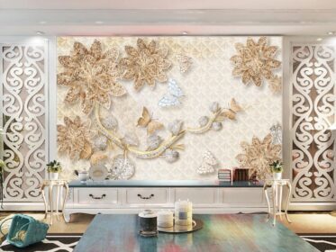 دانلود کاغذ دیواری طرح طلایی جواهرات لوکس گل تلویزیون دیوار