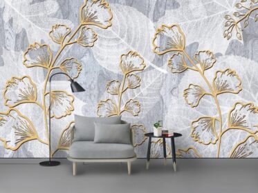 دانلود کاغذ دیواری طرح نوردیک مدرن مینیمالیستی برگ شاخه های طلایی دیوار پس زمینه تلویزیون