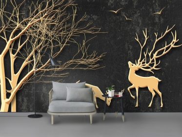 دانلود کاغذ دیواری طرح مدرن به سبک مینیمالیستی درختان طلایی sika deer tv دیوار پس زمینه
