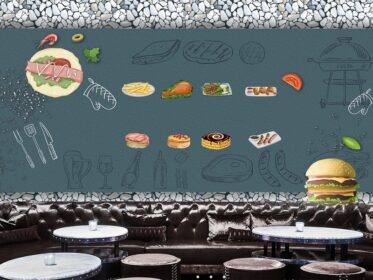 دانلود طرح کاغذ دیواری دیوار آجری رسم شده فست فود رستوران خوشمزه دیوار ابزار همبرگر