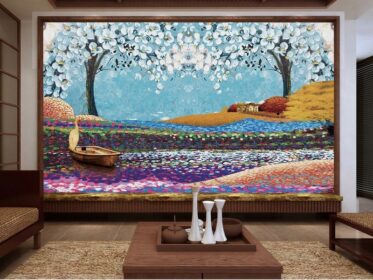 دانلود کاغذ دیواری طرح جدید نقاشی رنگ روغن چینی گل، جرثقیل، دیوار پس زمینه قایق