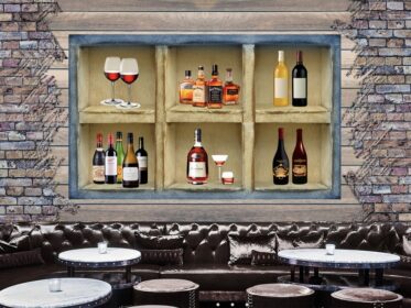 دانلود کاغذ دیواری طرح 3 بعدی شراب کابینت شراب بطری میز نوار ابزار دیوار پس زمینه دیوار