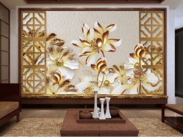دانلود طرح کاغذ دیواری چینی طلایی برجسته سه بعدی دیوار حوض نیلوفر آبی