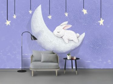 دانلود کاغذ دیواری طراحی مدرن آسمان شب زیبای اتاق کودکان خرگوش ناز دیوار پس زمینه سفارشی