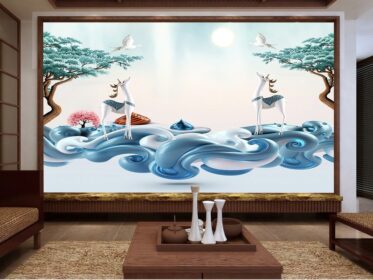 دانلود کاغذ دیواری طرح چینی سه بعدی مهتابی اسب مهتابی دیوار پس زمینه تلویزیون پرنده