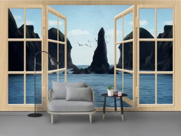دانلود طرح کاغذ دیواری درب و پنجره سه بعدی مدرن دریا، رنگ روغن قیشان، تزیین دیوار پس زمینه، سفارشی
