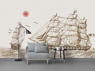 دانلود کاغذ دیواری طرح مینیمالیستی مدرن با دست کشیده شده دریانوردی دریای دریایی خورشید پس زمینه دکوراسیون دیوار