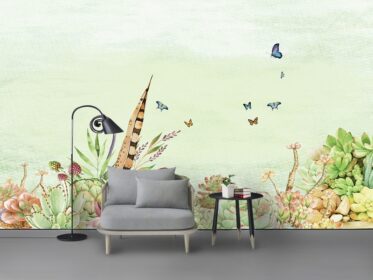 دانلود کاغذ دیواری طرح مینیمالیستی مدرن با دست نقاشی شده با پروانه سه بعدی رنگ روغن پس زمینه دیوار