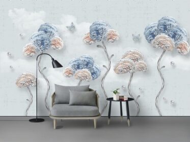 دانلود کاغذ دیواری طرح مینیمالیستی مدرن شاخه گل برجسته پروانه جواهرات دیوار پس زمینه سه بعدی