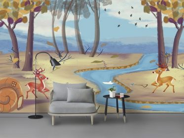 دانلود طرح کاغذ دیواری مدرن جنگلی جریان آب حنایی پرنده پس زمینه تلویزیون
