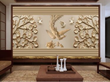 دانلود طرح کاغذ دیواری مد چینی برگ برجسته ققنوس گل صد تومانی دیوار پس زمینه قهوه ای روشن
