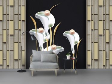 دانلود کاغذ دیواری طرح مینیمالیستی مدرن سه بعدی مرواریدی زنبق فرفورژه دیوار تزئینی
